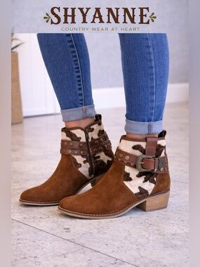 Shyanne Chestnut Brown Suede Ankle Boots with Cowhide Studded Strap